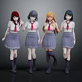 Anime Style Female Game Characters in School Uniform with Multicolored Hair and Varied Poses
