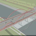 Modern Red Arch Bridge Spanning River With Vehicles And Green Belt Sides