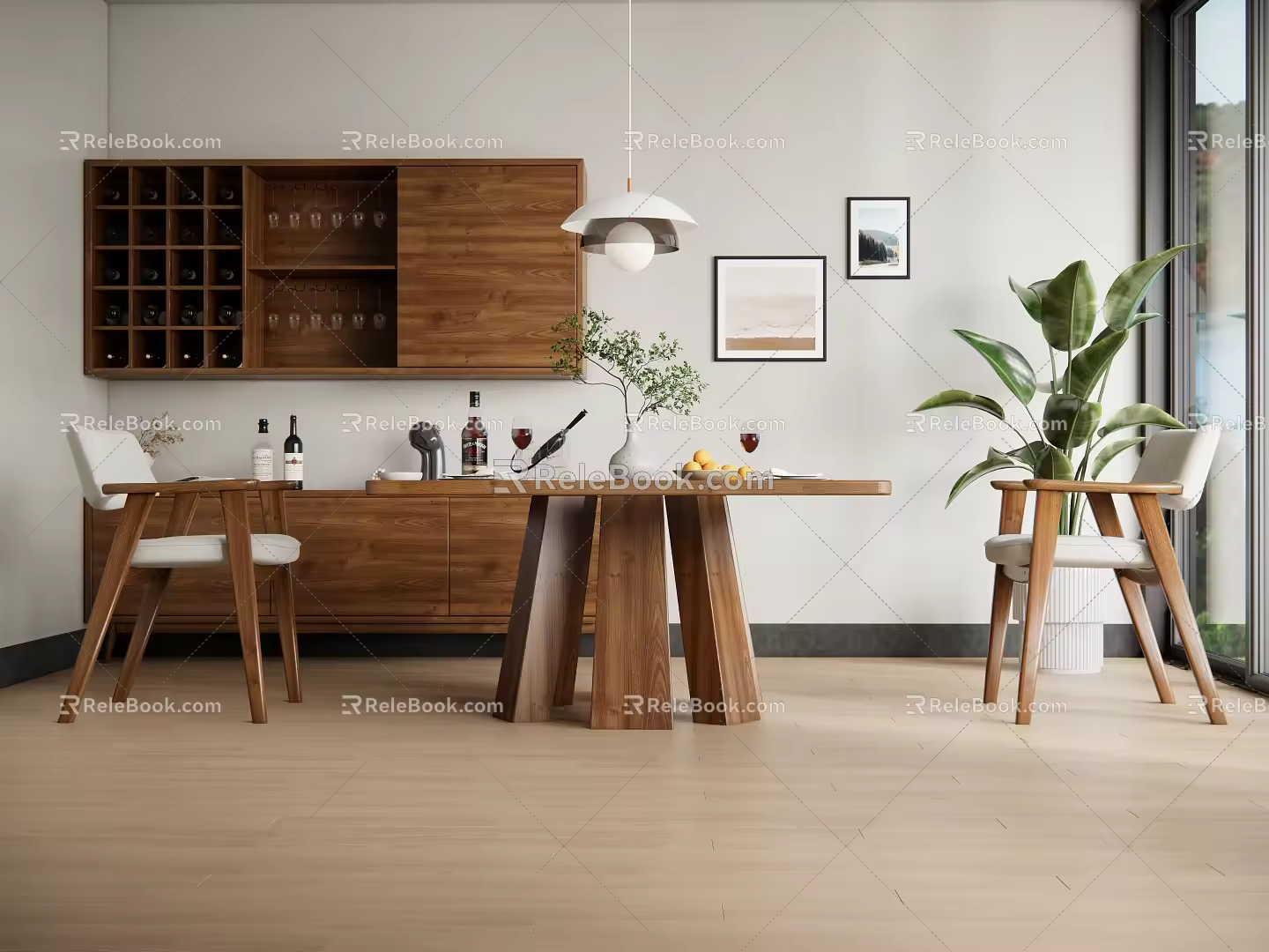 Nordic Dining Table and Chair Log Dining Table and Chair Wine Cabinet Locker Nordic Restaurant 3d model