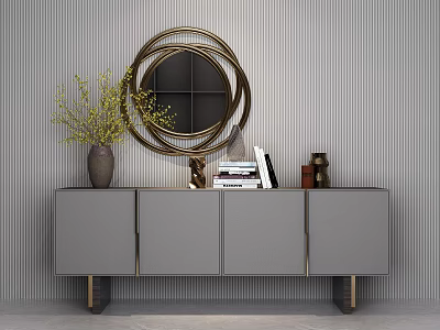 Modern Entryway Console Cabinet with Grey Doors Golden Legs Round Decorative Mirror and Green Plants 3d model