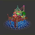 Wooden Dock Model Scene With Small Boat Ropes Figure And Blue Water Waves