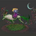 Whimsical Game Movie Character Riding Mythical Beast With Flower Crown And Crescent Moon