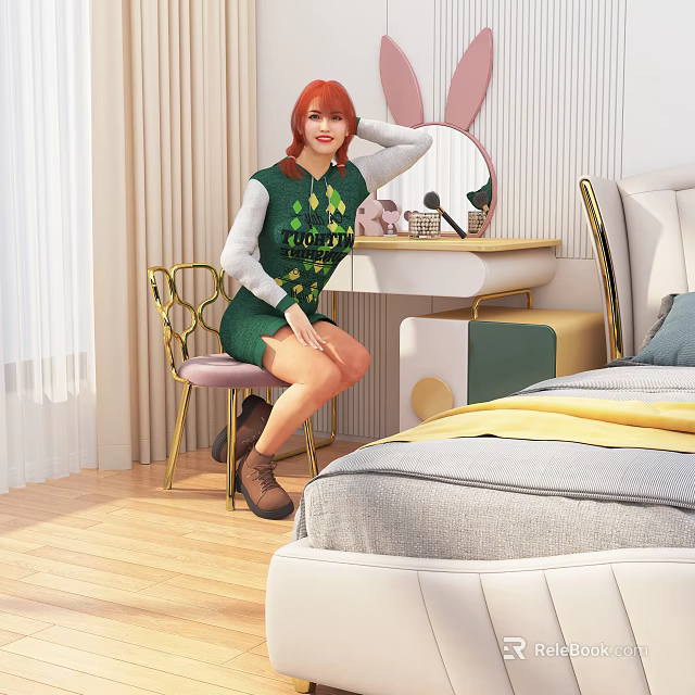 Woman With Red Hair Sitting On Pink Chair In Bedroom With Bunny Mirror And Dressing Table 3d model 