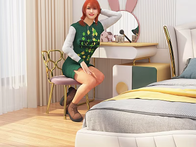 Woman With Red Hair Sitting On Pink Chair In Bedroom With Bunny Mirror And Dressing Table 3d model