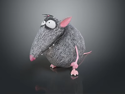 Cute Cartoon Gray Rat Plush Toy With Big Eyes Pink Ears And Paws 3d model