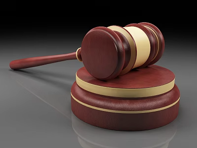 Wooden Courtroom Gavel With Brown Block And Golden Accent Bands 3d model