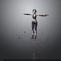 Cool 3D Character With Blue Hair Arms Outstretched Purple Liquid And Crystals