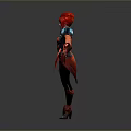 Futuristic Game And Movie Character With Red Hair Blue Red Armor Clawed Hands Standing Pose
