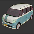 Cute Blue And White Compact Car Exterior With Round Headlights And Yellow License Plate