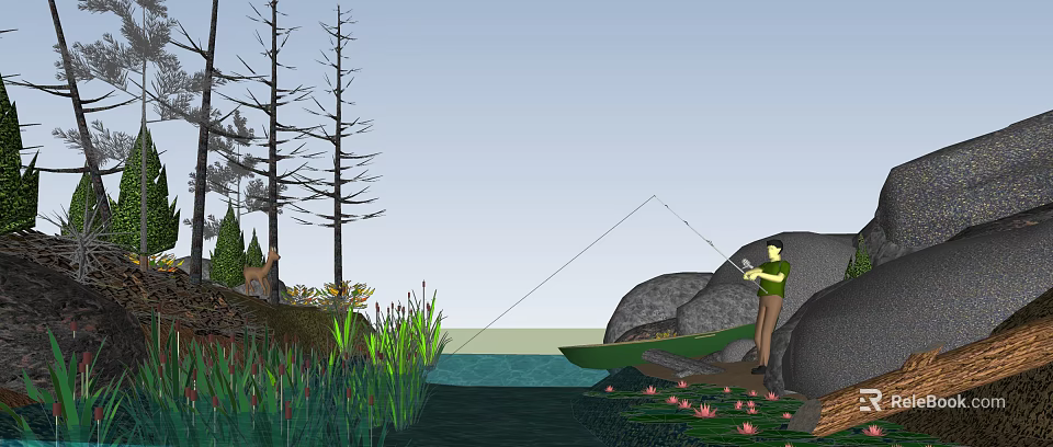 Scenic Lakeside Landscape With Rocky Shore Green Boat Reeds Lotus Flowers And Fishing Person 3d model 