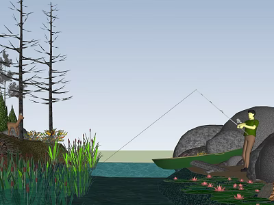 Scenic Lakeside Landscape With Rocky Shore Green Boat Reeds Lotus Flowers And Fishing Person 3d model