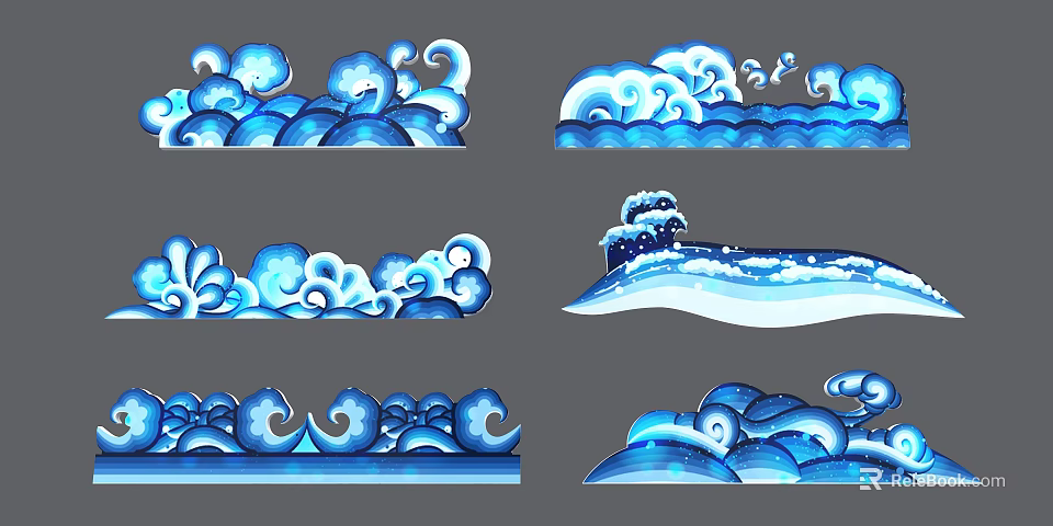 Artistic Ornament Decoration Set With Blue Wave Designs And Various Curved Patterns 3d model