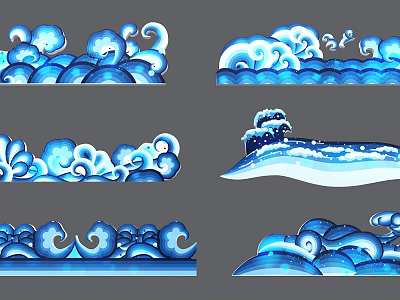 Artistic Ornament Decoration Set With Blue Wave Designs And Various Curved Patterns 3d model