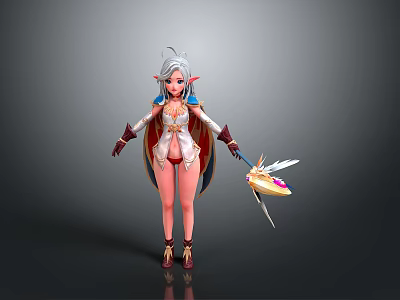 Fantasy Female Elf Character With Silver Hair Pointed Ears And Winged Staff 3d model
