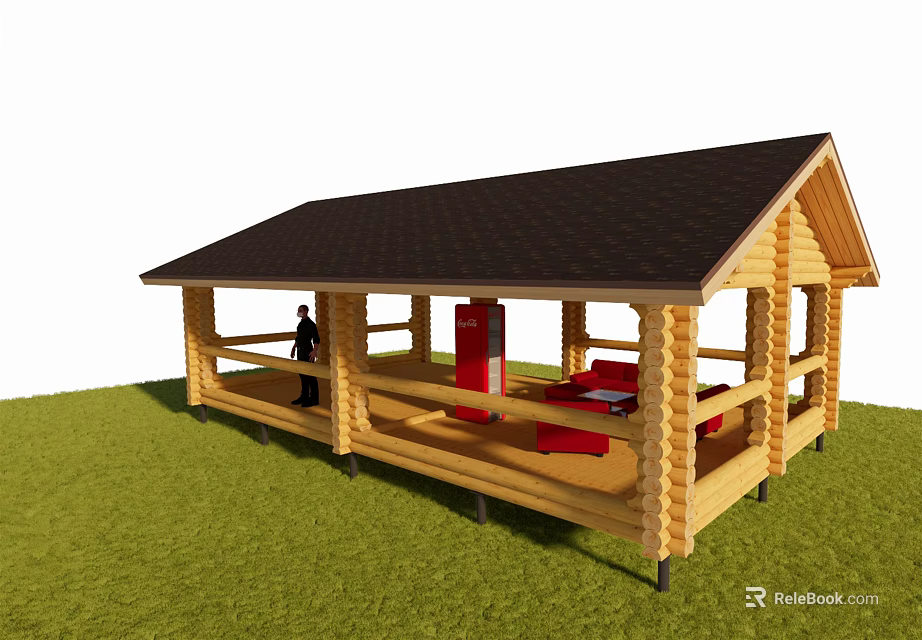 Rustic Log Cabin With Open Porch Dark Roof And Red Seating In Green Grassy Area 3d model 