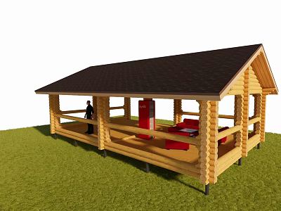 Rustic Log Cabin With Open Porch Dark Roof And Red Seating In Green Grassy Area 3d model
