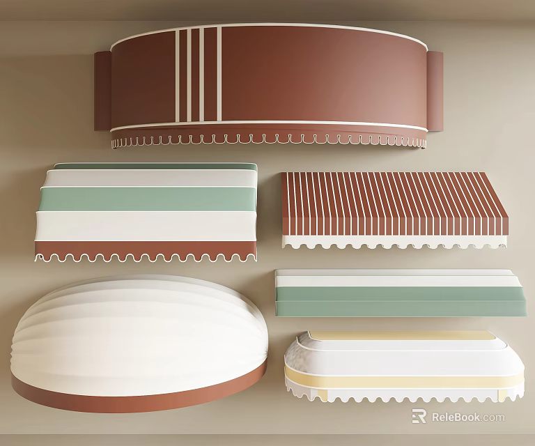 Striped And Scalloped Edge Awnings In Green Brown White Colors For Outdoor Use 3d model 