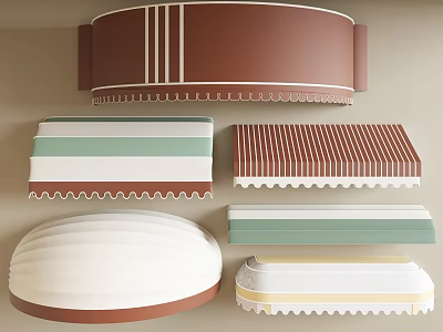 Striped And Scalloped Edge Awnings In Green Brown White Colors For Outdoor Use 3d model