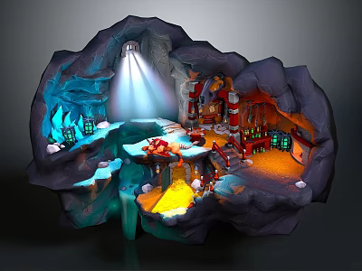 Cartoon Cave Interior with Lighting Colorful Areas Small Structures and Glowing Water 3d model