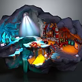 Cartoon Cave Interior with Lighting Colorful Areas Small Structures and Glowing Water