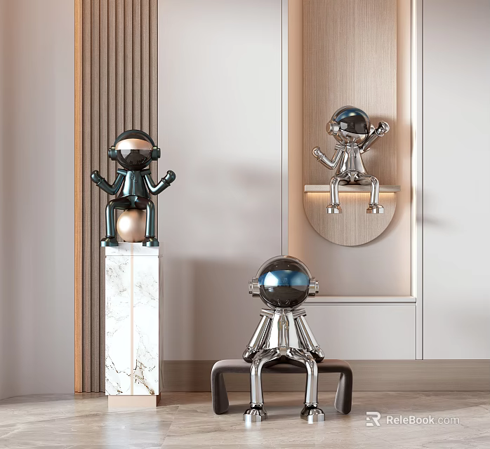 Modern Astronaut Sculptures With Metallic Finish Displayed On Marble Pedestal Chair And Wall Shelf 3d model 