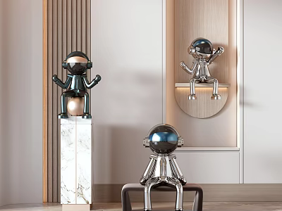 Modern Astronaut Sculptures With Metallic Finish Displayed On Marble Pedestal Chair And Wall Shelf 3d model
