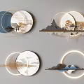 Modern Circular Wall Decor With Mountain Scenery LED Lights And Wooden Elements 3d model