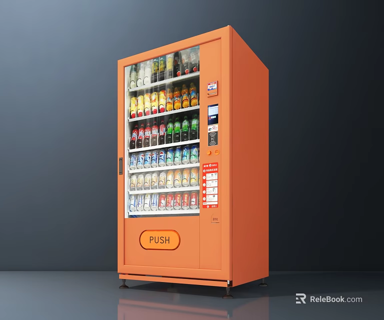 Orange Refrigerated Vending Machine Filled With Various Drinks Push Button And Digital Screen 3d model