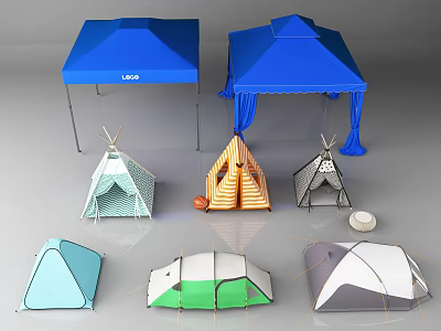 Colorful Outdoor Tents In Various Styles Including Canopy Teepee And Camping Designs 3d model