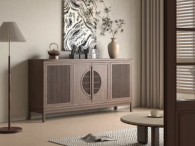 Wooden Sideboard With Vertical Slats And Circular Detail In Cozy Living Room Interior 3d model