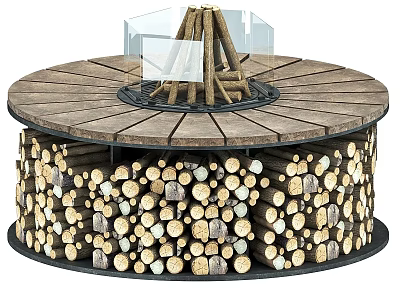 Round Wooden Outdoor Cooking Utensil With Stacked Firewood And Circular Countertop 3d model
