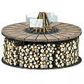 Round Wooden Outdoor Cooking Utensil With Stacked Firewood And Circular Countertop