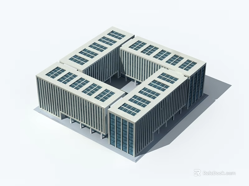 Modern Commercial Complex With Square Structure Central Courtyard Glass Windows And Solar Panel Roof 3d model
