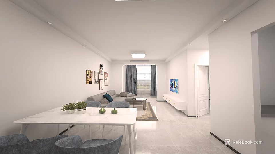 Modern Living And Dining Room Interior With Sofa Dining Table Decorative Paintings And Curtains 3d model 