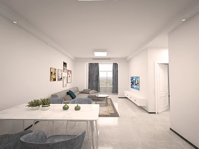 Modern Living And Dining Room Interior With Sofa Dining Table Decorative Paintings And Curtains 3d model
