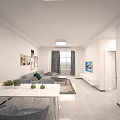 Modern Living And Dining Room Interior With Sofa Dining Table Decorative Paintings And Curtains