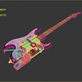 3D Electric Guitar Model Featuring Blue Red Body Orange Neck And Gold Pickups Design