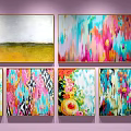 Vibrant Abstract Paintings With Various Styles And Floral Elements On Purple Wall