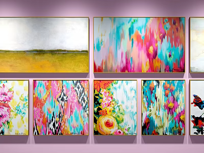 Vibrant Abstract Paintings With Various Styles And Floral Elements On Purple Wall 3d model