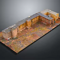 Vintage Multi Story Building Complex Architectural Model With Yellow Brown Facades And Textured Ground