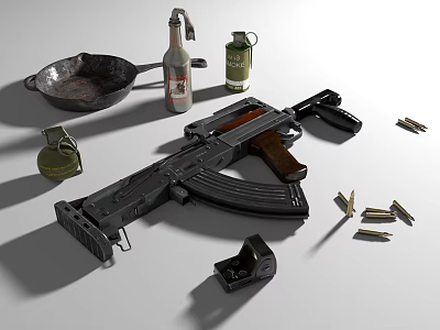 Military Assault Rifle With Grenades Bullets Magazine Pan And Molotov Cocktail 3d model