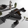 Military Assault Rifle With Grenades Bullets Magazine Pan And Molotov Cocktail