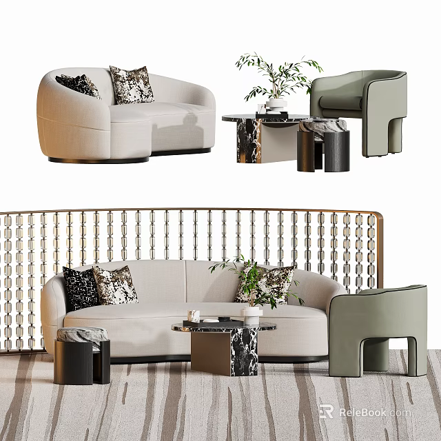 Stylish Sofa And Coffee Table Set With Patterned Pillows And Matching Armchair 3d model