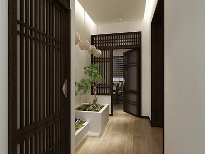 Modern Chinese Style Elevator Hallway With Wooden Lattice Green Plant And Water Feature 3d model