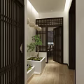 Modern Chinese Style Elevator Hallway With Wooden Lattice Green Plant And Water Feature