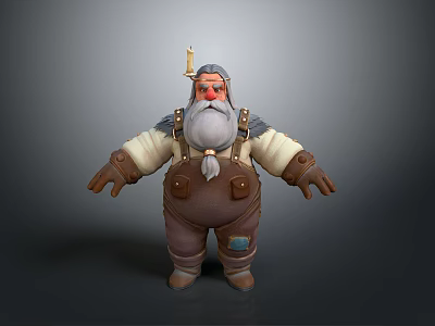 Cartoon Man With White Beard Red Nose Tool On Hat Fur Lined Coat Brown Overalls 3d model