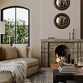 Elegant Modern Living Room With Crystal Chandelier Fireplace Round Mirrors Green Plants And Large Windows