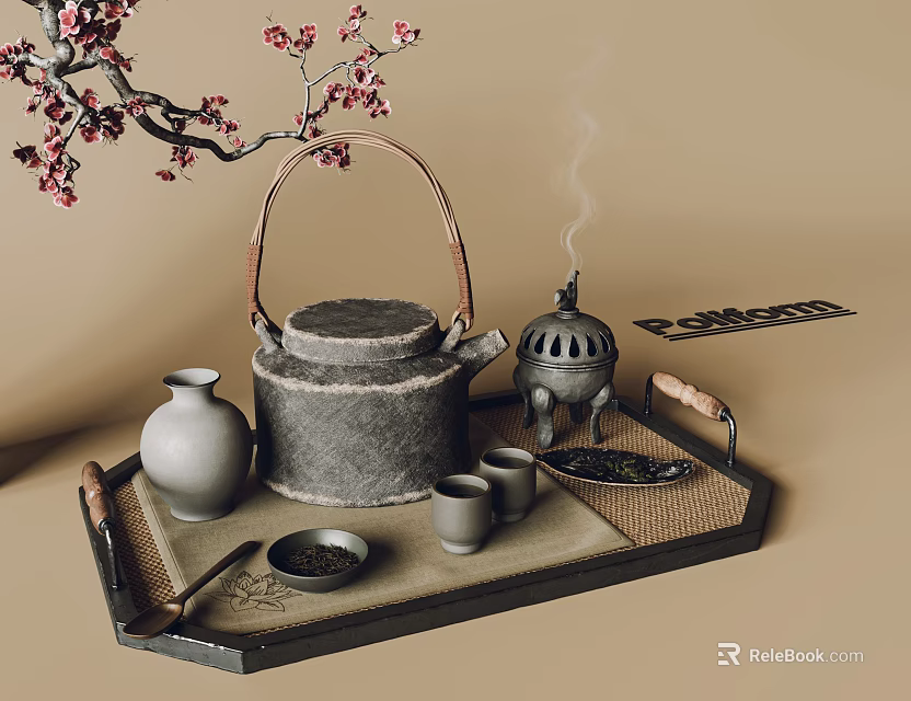 Traditional Chinese Tea Set With Plum Blossom Branch Wooden Tray Small Cups And Incense Burner 3d model 