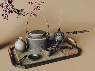 Traditional Chinese Tea Set With Plum Blossom Branch Wooden Tray Small Cups And Incense Burner 3d model