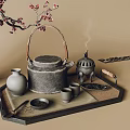 Traditional Chinese Tea Set With Plum Blossom Branch Wooden Tray Small Cups And Incense Burner